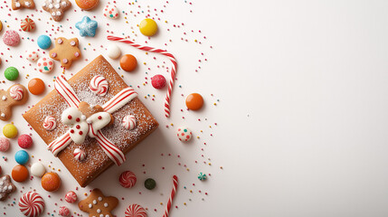 Christmas gingerbread gift box tied with candy canes and festive decorations