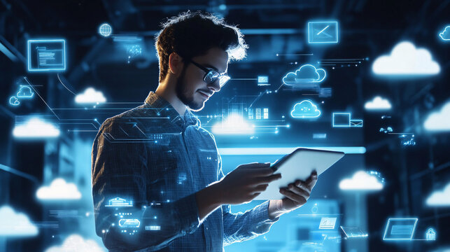 A simple avatar of an IT guy working on a tablet, surrounded by digital clouds and floating data streams representing cloud services. 