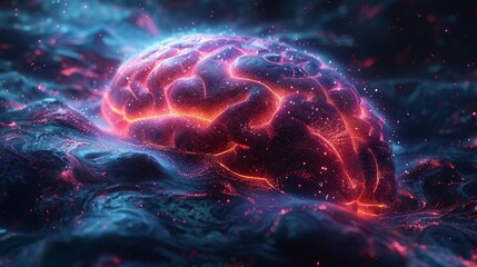 Glowing Brain. Abstract Scientific Illustration of Human Brain, Cyberpunk Style Colorful Galaxy