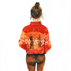 Warm sweater style for cozy winter days. A young woman in a colorful sweater stands with her back to the viewer, savoring a peaceful moment.
