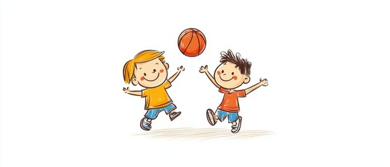 Happy Boys Playing Basketball Together, Joyful Childhood Fun Illustration