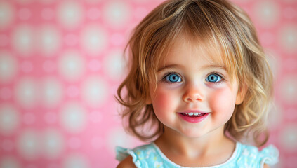 Child with blue eyes on pink backdrop. A young child with soft, curly hair smiles cheerfully in front of a bright pink backdrop, exuding joy and innocence.