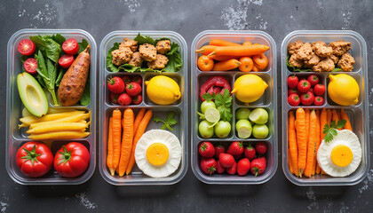 Healthy meal prep containers filled with fresh vegetables, fruits, and protein-rich snacks