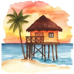 Fototapeta premium Watercolor painting of a tropical beach hut on stilts at sunset.