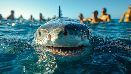Naklejka premium Close encounter with a shark in clear blue water. A large shark approaches swimmers in clear blue waters during a sunny day, creating an exciting underwater atmosphere.