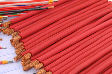 Copper electrical installation wires in colored insulation. Close-up. Soft focus.