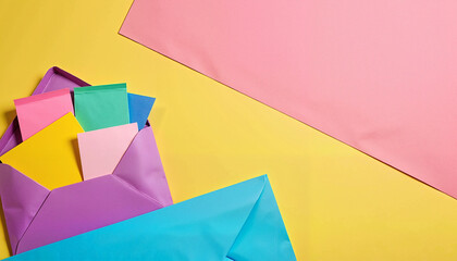 Colorful paper sheets and envelopes organized creatively on vibrant yellow background for design and planning
