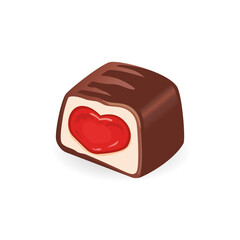 Chocolate candy with red heart-shaped filling isolated on a white background. Vector illustration. Chocolate candy for valentine's day. 