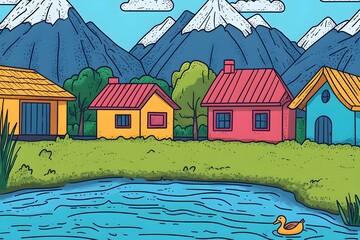 Naklejka premium illustration of beautiful landscapes with mountains and lakes in watercolor, aquarelle look pencil art Countryside village landscape with church and houses illustration, design, vector, nature, travel