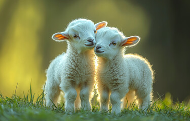 Obraz premium Twin lambs enjoying a sunny day in the meadow. Two fluffy lambs stand close together, illuminated by the sun in a green meadow during a bright afternoon.