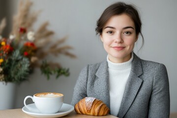 city lifestyle, a stylish woman, savoring coffee and a croissant at a trendy caf table, celebrates singles awareness day amid the bustling city