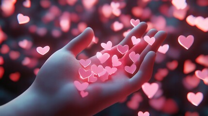 Naklejka premium 3D render of hand surrounded by pink glowing hearts