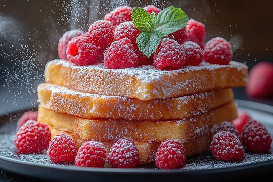 A stack of pancakes with powdered sugar and raspberries on top