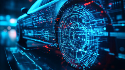 A stylized car wheel icon made of digital circuits, with data streams representing automotive diagnostics, online repair platforms, and smart vehicles. 