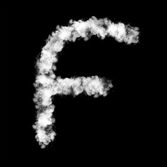 The letter "F" of the English alphabet made by Sky or Cloud effect, White color, Fog or smoke isolated on black background,  Mist or smog Special effect, Illustration design, Alphabet A-Z