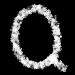The letter "Q" of the English alphabet made by Sky or Cloud effect, White color, Fog or smoke isolated on black background,  Mist or smog Special effect, Illustration design, Alphabet A-Z