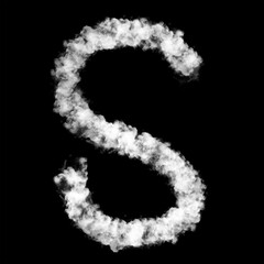 The letter "S" of the English alphabet made by Sky or Cloud effect, White color, Fog or smoke isolated on black background,  Mist or smog Special effect, Illustration design, Alphabet A-Z