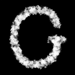 The letter "G" of the English alphabet made by Sky or Cloud effect, White color, Fog or smoke isolated on black background,  Mist or smog Special effect, Illustration design, Alphabet A-Z