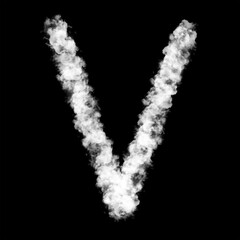 The letter "V" of the English alphabet made by Sky or Cloud effect, White color, Fog or smoke isolated on black background,  Mist or smog Special effect, Illustration design, Alphabet A-Z