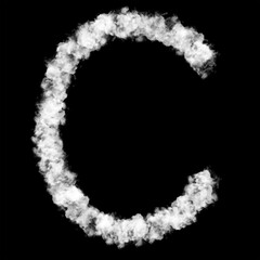 The letter "C" of the English alphabet made by Sky or Cloud effect, White color, Fog or smoke isolated on black background,  Mist or smog Special effect, Illustration design, Alphabet A-Z