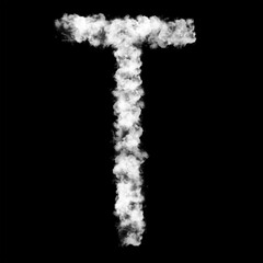 The letter "T" of the English alphabet made by Sky or Cloud effect, White color, Fog or smoke isolated on black background,  Mist or smog Special effect, Illustration design, Alphabet A-Z