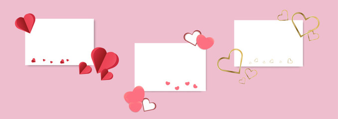 White cards with red and golden hearts on a soft pink background create a romantic design for Valentine's Day.