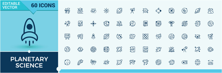 Planetary Science icon collection. Contains such icons as galaxy, cosmic, science, observatory, cosmos, astrology and more. Outline symbol collection. Vector illustration in modern line style. © Rubbble