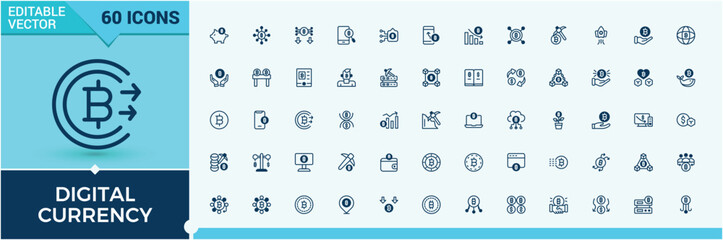 Set of Digital Currency line icons. Featuring rich, net, blockchain, earning, sale, economy, value, concept. Isolated icons design. Outline and solid pictogram.