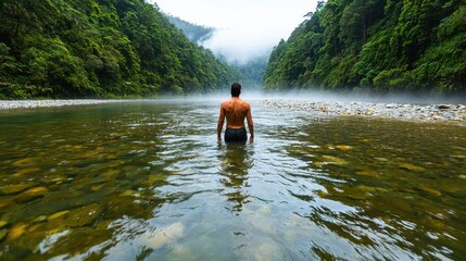 A person wades through a serene river, surrounded by lush greenery and misty hills, evoking tranquility and connection with nature.