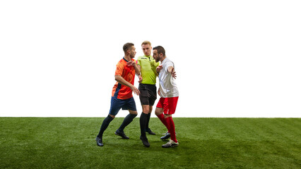 Confrontation between players. Referee standing between two men from opposite teams, arguing, having conflict during game isolated on white background. Concept of sport, fair play, competition