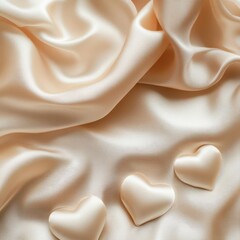 Obraz premium Soft satin hearts scattered on the left of a smooth fabric background, leaving the right half open for text.