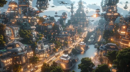 Fototapeta premium Futuristic cityscape with illuminated skyscrapers, flying drones, and lush greenery, showcasing advanced urban development at dusk