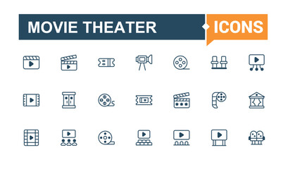 Movie Theater thin line icon set. Contains related to multimedia, cinematography, theater, entertainment, screen, film and more. Pixel perfect.