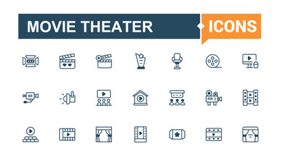 Movie Theater thin line icon set. Contains related to multimedia, cinematography, theater, entertainment, screen, film and more. Pixel perfect.