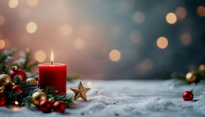 Festive holiday greeting card with featuring a lit red candle, ornaments, and a warm bokeh background