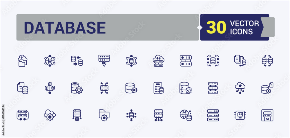 Poster database vector line icon set. includes icons for computing, communication, search, base, cloud, web