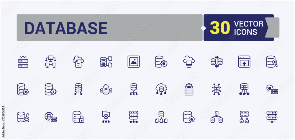 Poster database vector line icon set. includes icons for computing, communication, search, base, cloud, web
