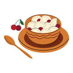 Dumplings with cherries. Ukrainian national food, varenyky. Hand drawn vector illustration. White isolated background.