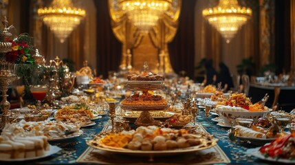 A grand Saudi feast featuring Kabsa, Mandi, side dishes, and desserts in a royal banquet setting