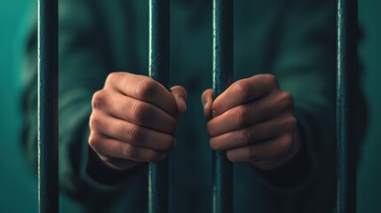 A pair of hands gripping jail bars, symbolizing confinement and despair, set against a moody, dimly lit background.