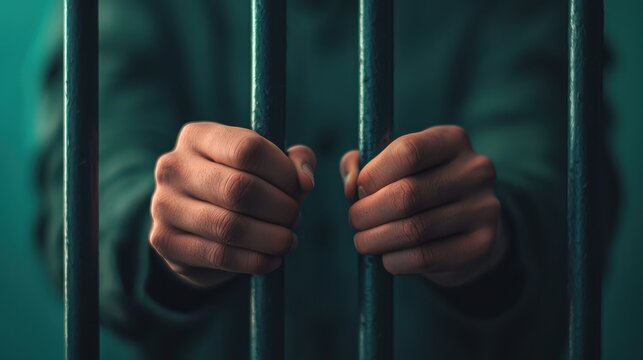A pair of hands gripping jail bars, symbolizing confinement and despair, set against a moody, dimly lit background.