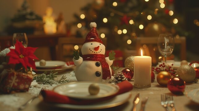 A picture-perfect Christmas dinner table. Front view photo of plates, cutlery, balls, napkin, candle, snowman, confetti, spruce twigs on beige background with advert area.Defocused christmas tree