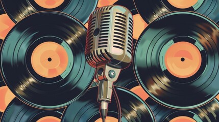 Vintage microphone with overlapping vinyl records in a bold retro-style abstract art background