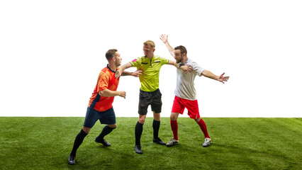 Referee blowing whistle while holding back two opposing players arguing, showcasing authority and enforcement of soccer rules. Concept of sport, fair play, competition, control, rules