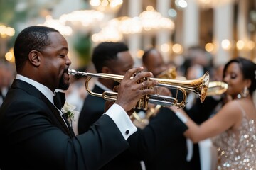 Obraz premium A talented brass musician performs passionately at a luxurious wedding, captivating guests with the beauty of live music and creating a vibrant atmosphere of celebration.