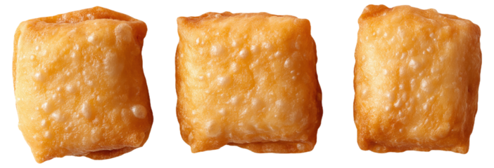 Three golden-brown fried pastries on a white background
