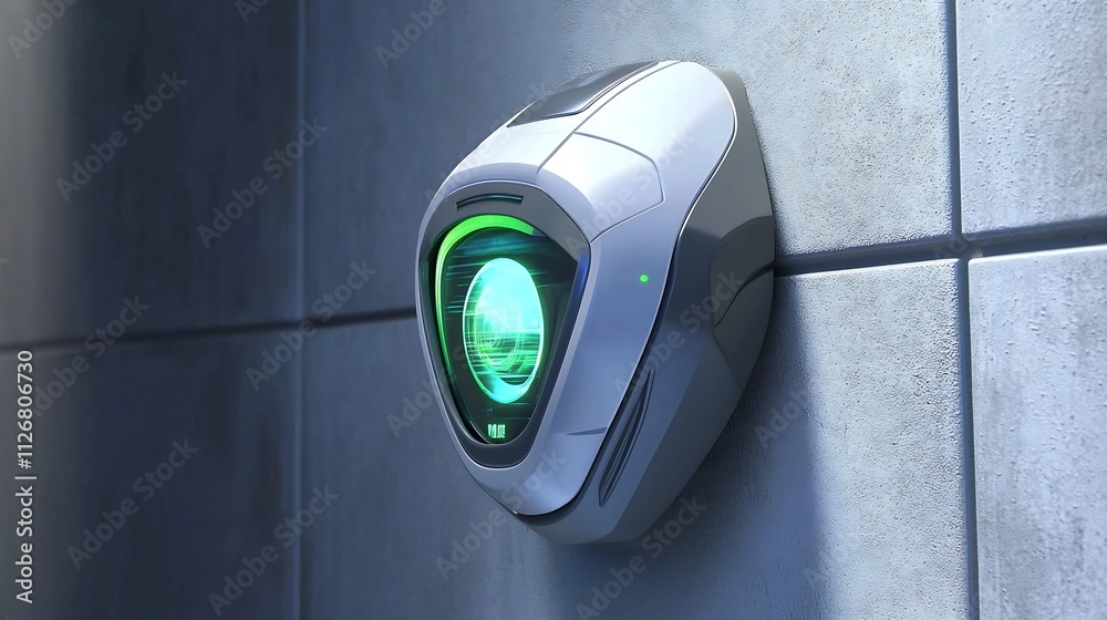 Poster futuristic iris recognition device glowing with a hologram projecting real time data mounted on a wa