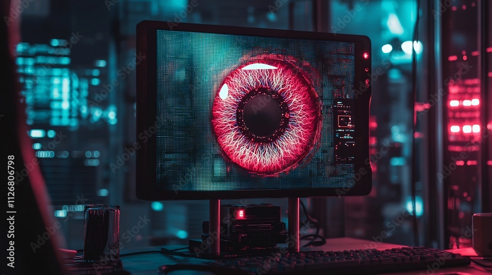 Poster close up view of a state of the art iris scanner paired with a captivating floating holographic scre