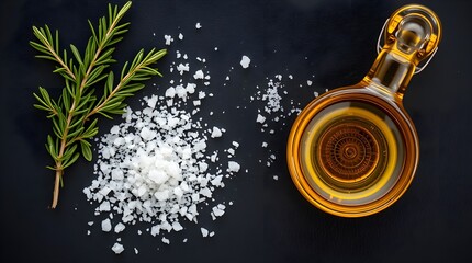 Fototapeta premium Coarse sea salt on black slate board with fresh rosemary and olive oil, creating rustic culinary scene.