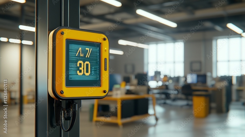 Poster photograph of an advanced heat detector with a holographic interface displaying real time temperatur